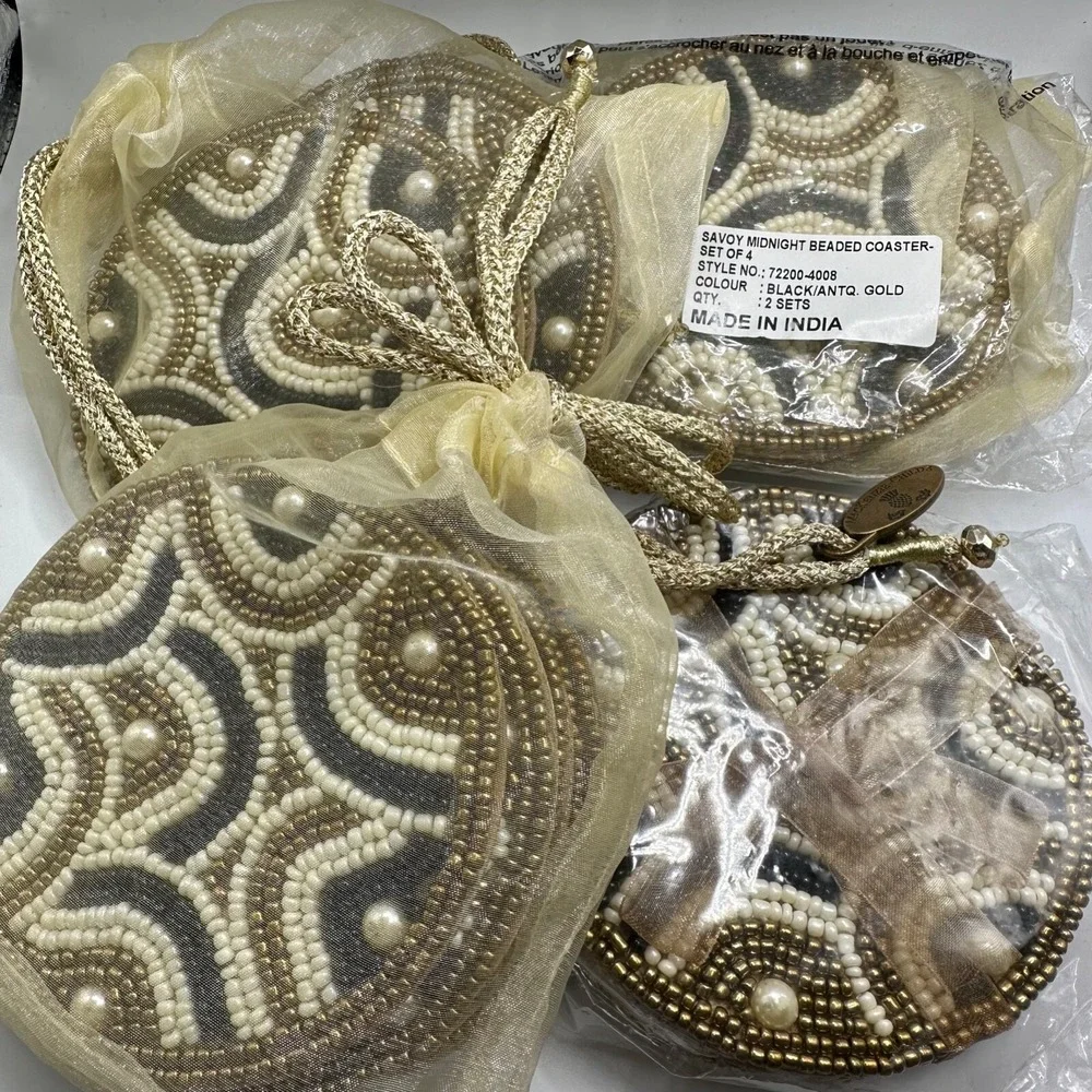 MACKENZIE CHILDS SET OF 4 SAVOY BLACK & GOLD BEADED COASTERS‎ NEW IN ORGANZA BAG